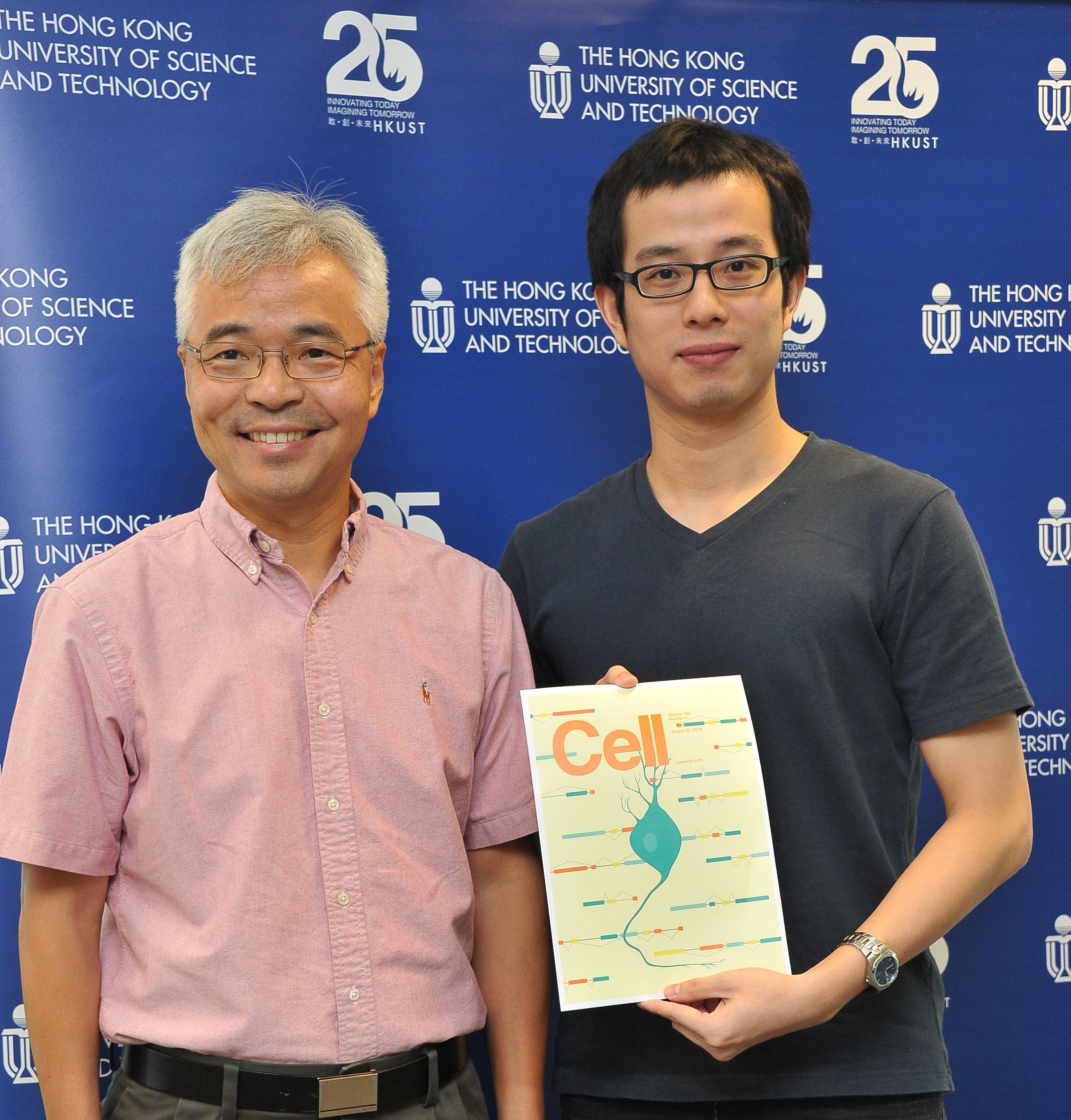 Prof. ZHANG Mingjie and his PhD student Mr. ZENG Menglong with their research paper published in the top scientific journal Cell on August 25, 2016