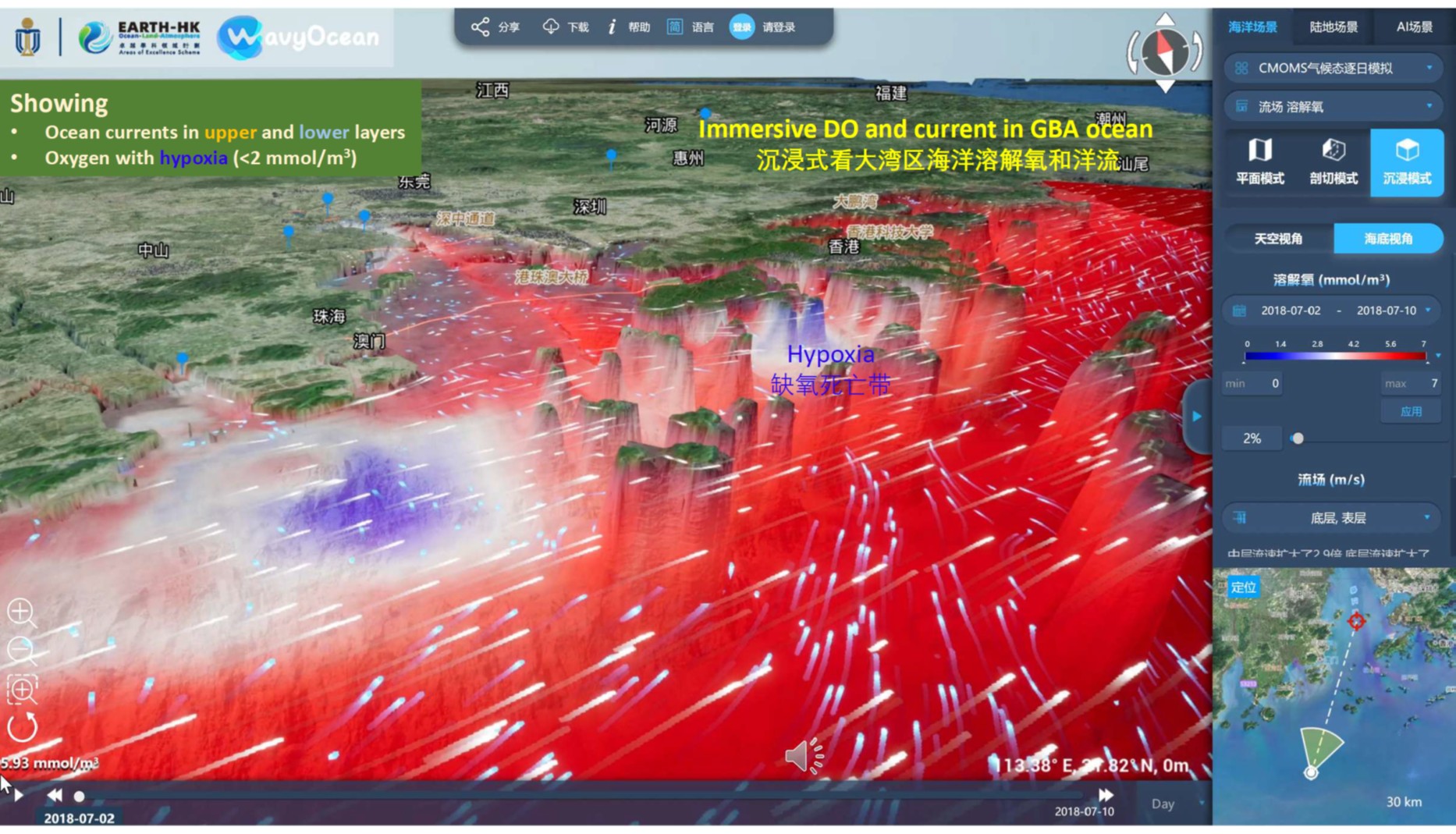 WavyOcean 2.0 大湾区、香港三维、沉浸式海流和溶解氧分布范例