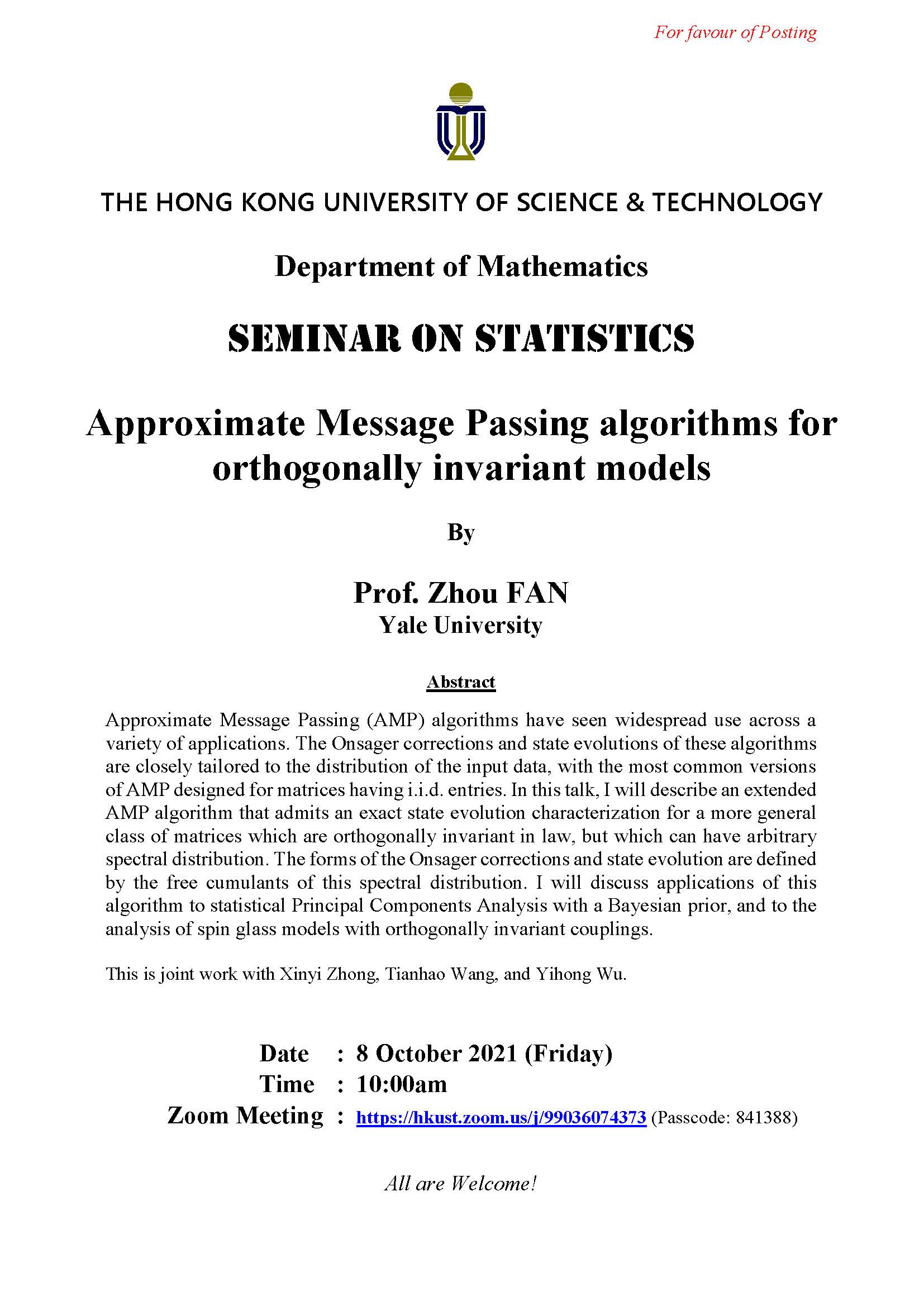 Department of Mathematics Seminar on Statistics Approximate Message