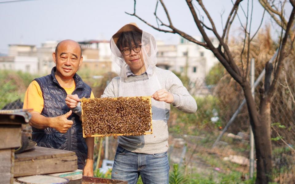 焯成（右）向元朗一位本地蜂農拜師，學習怎樣在不用抗生素、不加糖、不熱壓的情況下生產蜂蜜。