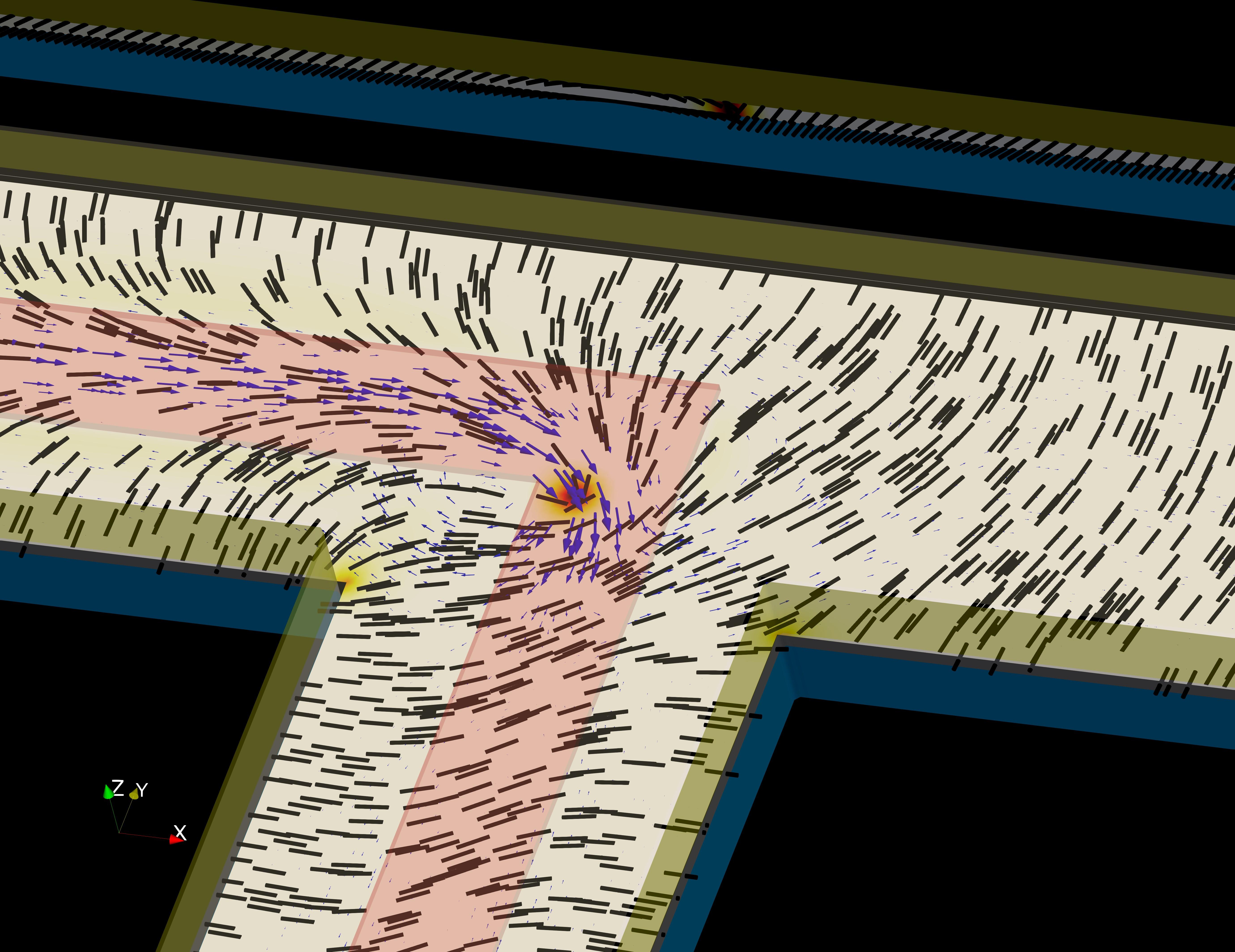 Simulation snapshot of a self-propelling topological defect in an active liquid crystal guided by a light pattern (shone in pink region)