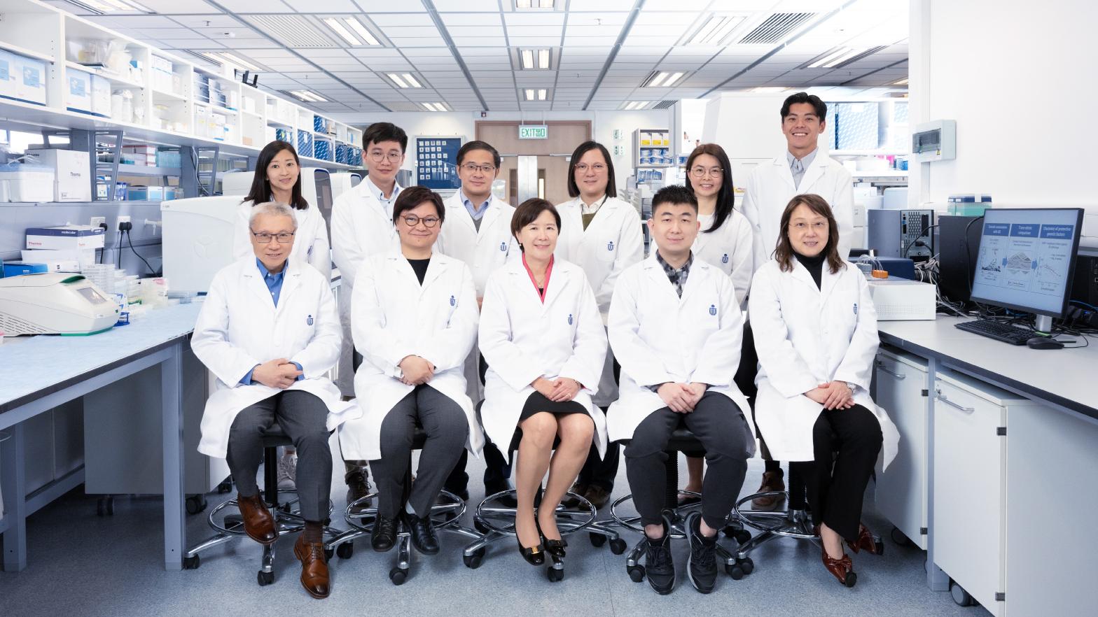 科大校长叶玉如教授(前排中)、科大生命科学部研究教授傅洁瑜教授(前排左二)、香港神经退行性疾病中心首席科学家叶翠芬博士(前排右一)、香港神经退行性疾病中心首席医疗官莫健英教授(前排左一)以及研究论文的共同第一作者曹瀚博士(前排右二)与其他研究团队成员合影。